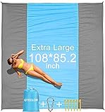 QTECLOR Beach Blanket, Sand Resist Beach Mat 109X86 inch,Big & Compact Water Resistant Mat Quick Drying, Lightweight & Durable with 6 Stakes & 4 Corner Beach Accessories for Vacation, Travel, Camping