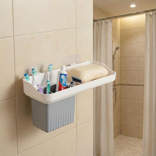Image of HAPPI Soap Stand for Bathroom - Self-Adhesive Wall-Mounted Soap Case with Glass Tumbler, Tooth Brush Holder & Bottle Space Shelf Tray, Soap Dish Holder for Bathroom Organizer (White /Grey)