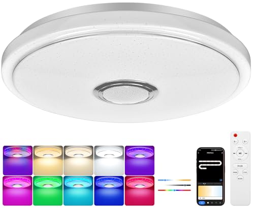 OGVDOE Lámpara de Techo LED Regulable 60W RGB Plafon Techocon Altavoz Bluetooth Ø40CM Plafón LED Lampara Techo con Mando a Distancia y Control APP Luz de Dormitorio Para Baño Sala de Estar