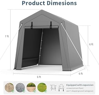 GAOMON 6'x6' Outdoor Portable Garage, Waterproof & UV-Resistant Storage Shed with 2 Roll-Up Doors, Carport Tent for Motorcycle, Bike, and Tools, Gray