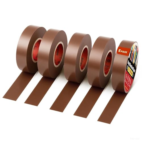 Image of RED WOLF 5 Pack Brown Electrical Tape 3 /4 Inch x 66 Ft Industrial Grade UL /CSA Listed 7 Mil Thick Flame Retardant High Temp Waterproof Electrical PVC Tape Electric Super Vinyl Rated 600V