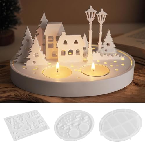 WIKIMO Silikonformen Gießformen Weihnachten Häuser, 3 Stück Silikonform Haus für Kerzenhalter, Baum Gussformen für Gips Epoxidharz Formen