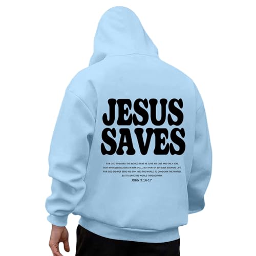 Christian Hoodie for Men Jesus Saves Letter Print Pullover Tops with Pocket Inspirational Long Sleeve Fall Hooded Sweatshirt
