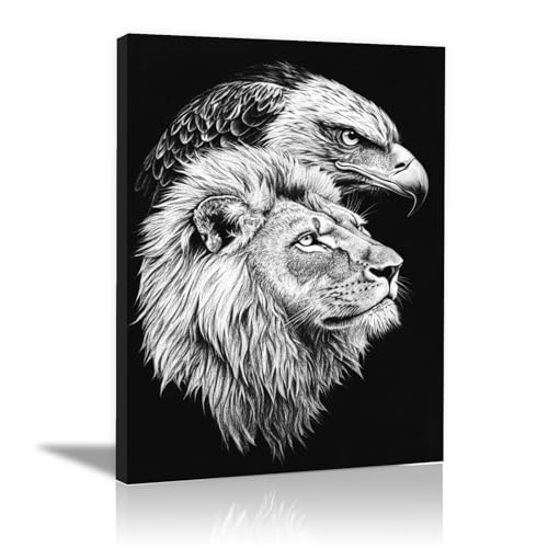 Peinture murale sur toile lion et aigle noir et blanc tableau moderne encadré 40x60cm