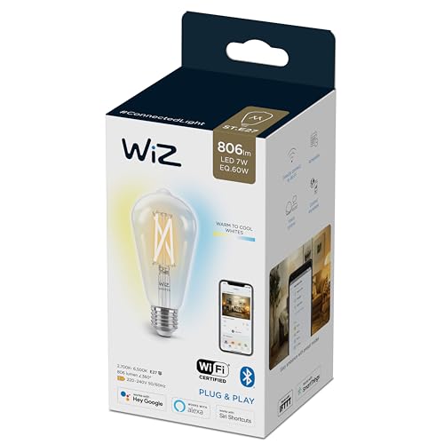 WiZ Lampadina Smart WiFi, Luce Biancada Calda a Fredda Dimmerabile, Filamento, E27, 7W, Tecnologia SpaceSense, Controllo Vocale (Alexa, Apple HomeKit, Google Home)