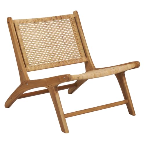 Meubletmoi Fauteuil Bas Lounge Incliné en Bois de Teck Massif avec Cannage en Rotin - Style Naturel et Exotique - Sina