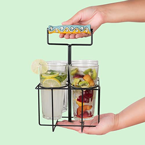 Artysta 'Climber Leaves' Transparent Juice Glasses with Stand | Big Glass Set for Water Mocktail Beer Lassi | Glass Organizer Set of 4 (400 ml) - Image 4 thumbnail