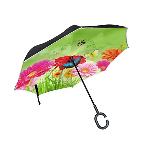 hengpai Hermosas mariposas coloridas flores de primavera invertidas al revés, paraguas para coches, resistente al viento, a prueba de rayos UV, doble capa para mujer