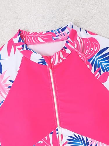 Image of WDIRARA Girl's Tropical Print Zipper Front One Piece Swimsuit High Neck Long Sleeve Swimwear