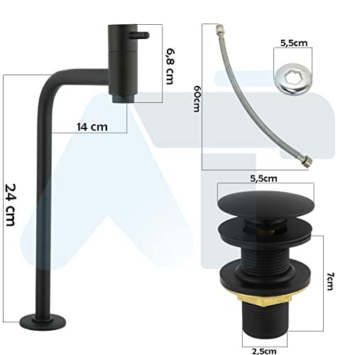 Kit Cuba de Sobrepor Preto Fosco c/Torneira + Valvula Click + Engate Luxo em Metal Inox