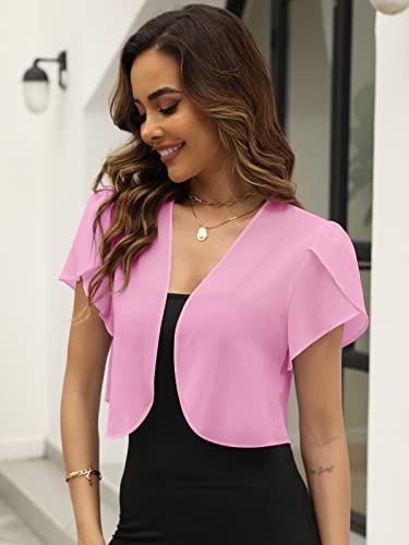 Afvetut Ladies Ruffle Short Sleeve Shrugs For Dress Cropped Chiffon Sheer Open Front Lightweight Cardigan Sweater Pink #TOP6