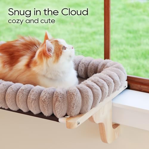 Image of Zakkart SnugCloud Cat Window Perch with 4-Sided Bolster - Orthopedic Cat Hammock for Window Sill - Solid Hardwood & Metal Frame - Window Seat for Pets (Natural Color Wood w /Brown Bed, Large)