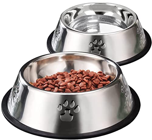 MAMATOONS 2PCS Stainless Steel Pet Feeding Bowls Small Dog Bowls Cat Bowls with Anti-Skid Rubber Base Water Bowls 11.8oz(small) For Cats & Small Dogs