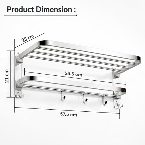 Image of Amazon Basics 1.5 KG Heavy Stainless Steel Folding Towel Holder in Bathroom, 24 Inch Wall Mounted Towel Rack with Hooks, Foldable Rustproof Towel Hanger,Space Saving Towel Holder, Chrome Finish