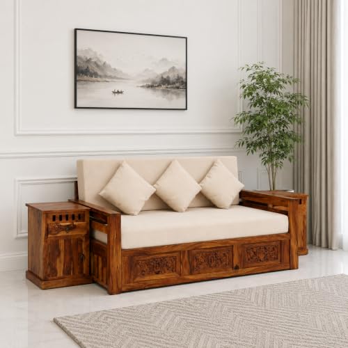 Image of SONA ART & CRAFTS Maharaja Sheesham Wood 3 Seater Sofa Cum Bed with Bedside | Wooden 3 Seater Sofa for Living Room Wooden Furniture Sofa Bed for Home (Natural Finish)