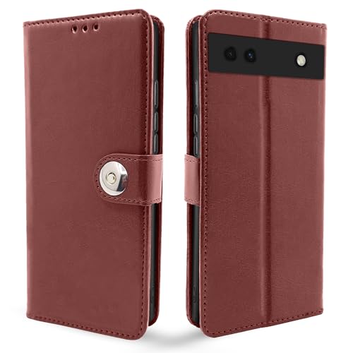 Image of Pikkme Google Pixel 6a Flip Cover Leather Finish | Inside TPU with Card Pockets | Wallet Stand and Shock Proof | Complete Protection Button Flip Case (Brown)