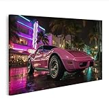 islandburner Bild auf Leinwand Pinkfarbener Luxuswagen in Miami bei Nacht 80er Jahre Flair - Edition E1