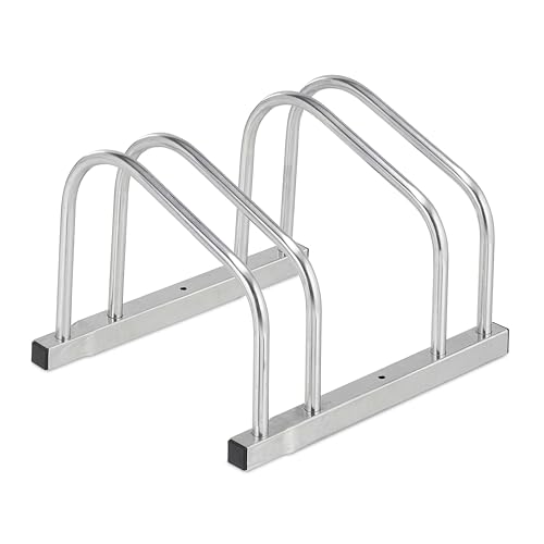 Relaxdays Soporte Bicicletas Suelo para 2 Bicis, Neumáticos hasta 50 mm, Metálico, Garaje, Aparcabicicletas, Plateado