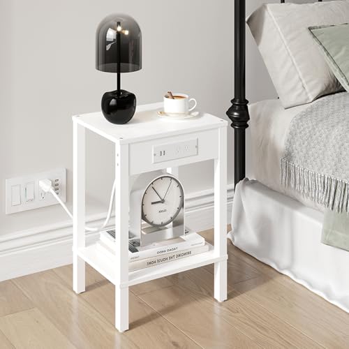 MMEOLUOOK End Table with Charging Station, Sofa Side Table Set of 2, 2-Tier Storage Shelf for Small Space, Nightstands for Living Room Bedroom Bedside Tables White MLBZ14WE-2 — view 4