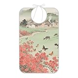 Yoogain Babero de protección alimentaria para adultos mayores, impermeable, reutilizable, grande, con recogedor de migas plegable, para ancianos, mujeres, hombres, estilo chino, campo verde, flor roja