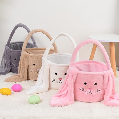Image of Plush Easter Bunny Basket Bags for Kids, Rabbit Bucket Tote with Long Fluffy Ears, Cute Egg Hunts Party Storage Candy Gifts Carry Bucket Decorations (White + Pink)