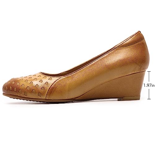 Image of Mona flying Women's Leather Closed Toe Mid Heel Wedges Comfy Dress Pumps