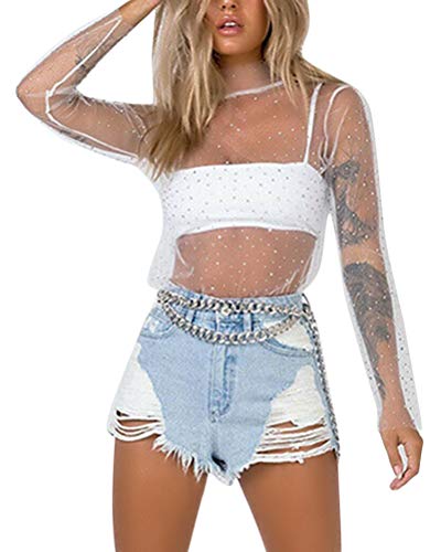 Minetom Femme T Shirt Top Slim Mesh Transparent Manches Longues Blouse Hauts Sexy Brillant Paillettes Tee Shirt Chemisier B Blanc 44
