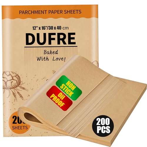 Dufre 200 Pcs Parchment Paper Sheets,12x16INCH Heavy Duty No-Stick No-Leak Unbleached Baking Paper Pre-cut for Air Fryer,Bakeware,Half Sheet Pans,Grilling,Oil-proof Parchment Sheets