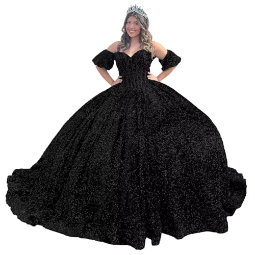 Sparkly Sequin Quinceanera Dresses Off Shoulder Detachable Puffy Sleeve Ball Gown Sweetheart Sweet 16 Dresses
