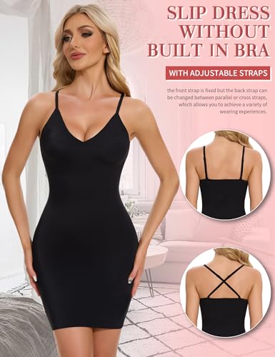 Image of SLIMBELLE Shapewear Slips For Under Dress Deep V Neck Adjustable Strap Tummy Control Full Slip Seamless Shaper For Women