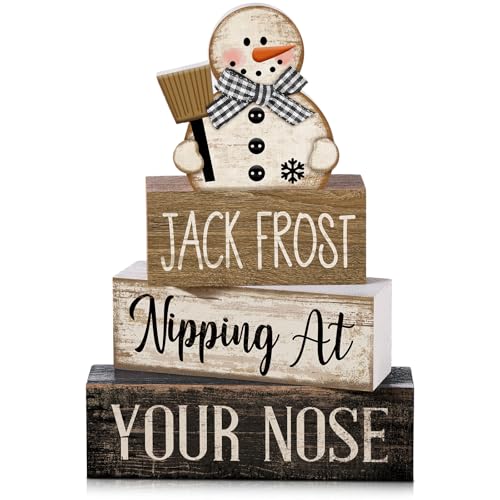Image of Moucuny 4 Pcs Christmas Table Decor Wooden Snowman Black and White Winter Tiered Tray Decor Rustic Decorative Snowman Block Sign Gifts Christmas Centerpiece Rustic Winter Decorations for Home Kitchen