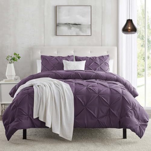 Duvet Cover California King Size 3 Piece Pintuck Comforter Set - 1 Duvet Cover 104x98 with 2 Pillow Shams - Ultra Soft Microfiber Bedding Pinch Pleated California King Duvet Cover Set Eggplant
