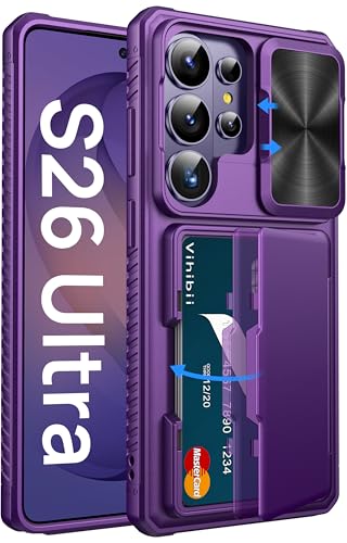 Vihibii for Samsung Galaxy S26 Ultra Wallet Case with Card Holder (4 Cards), Slide Camera Cover & Raised Edges Protect Screen, Heavy Duty Shockproof Hard Women Men Protective Phone Case, Dark Purple