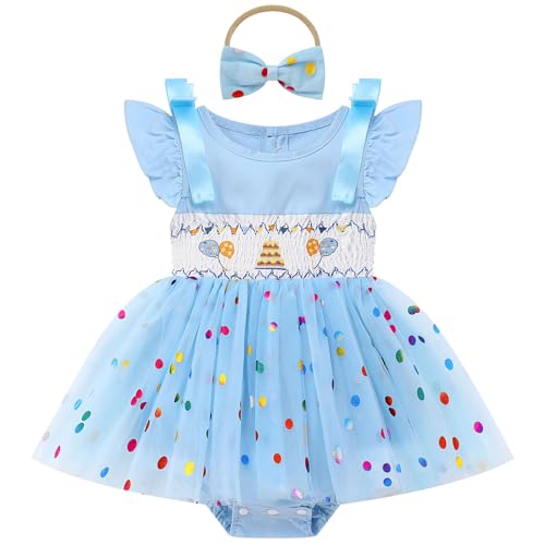 ODASDO Baby Girls 1st 2nd Birthday Cake Smash Outfit Smocked Bowknot Tulle Tutu Princess Romper Dress with Headband Set