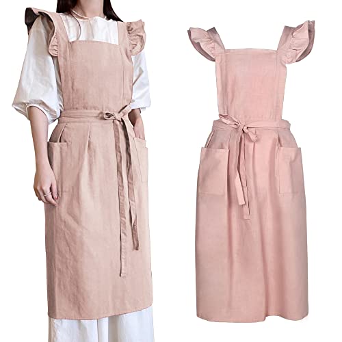 Small snail Frauen Retro Baumwolle Schürze Solide Farbe Japanisch Stil Rüschen Schurz mit Groß Taschen Kreuz Rücken Schürzen Blume Laden Cafe Backen Beiläufig Schürze(Rosa) Cover