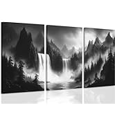 Ovczax Black And White Landscape Canvas Painting Decorative Wall Art, Misty Mountain Waterfall Ca...