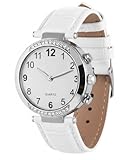 Sprechende Damen-Armbanduhr mit deutscher Stimme, Ansage von Zeit und Datum, Quarz-Uhr mit Lederarmband, weiß – für Sehbehinderte und Senioren