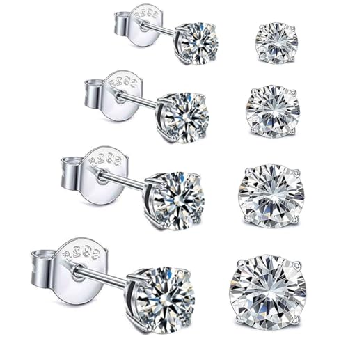 LuLiyLdJ 4 Pares de Pendientes de Diamantes para Mujeres y Niñas, 3 6 mm, Aretes de Espárrago de Acero Inoxidable Plateado, Hipoalergénicos, Perfectos para Casi Todos los Oídos Sensibles