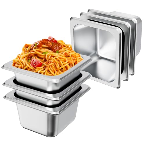 ENCYS 1/6 Hotel Pans 4 inch Deep Stainless Steel Steam Table Food Pan Commercial Metal Food Catering Tray Anti Jam for Hotel Restaurant Buffet Party Supplies(Set of 6)
