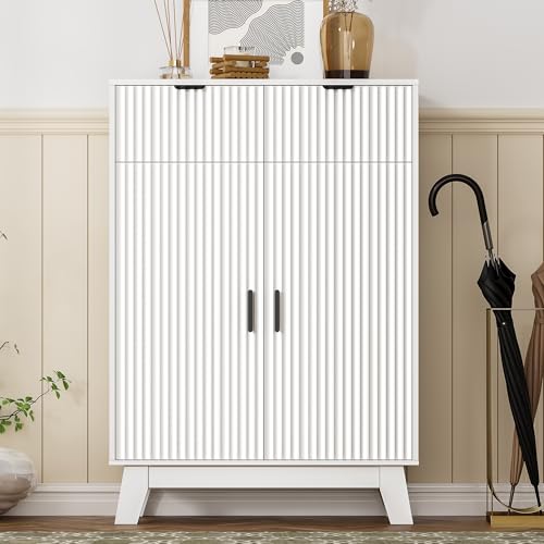 Image of Shoe Cabinet Storage for Entryway, 4 Tier Fluted Shoe Storage Cabinet with 2 Drawers, Narrow Hidden Shoe Organizer with Adjustable Shelves, Freestanding Shoe Rack for Entryway, Hallway, White