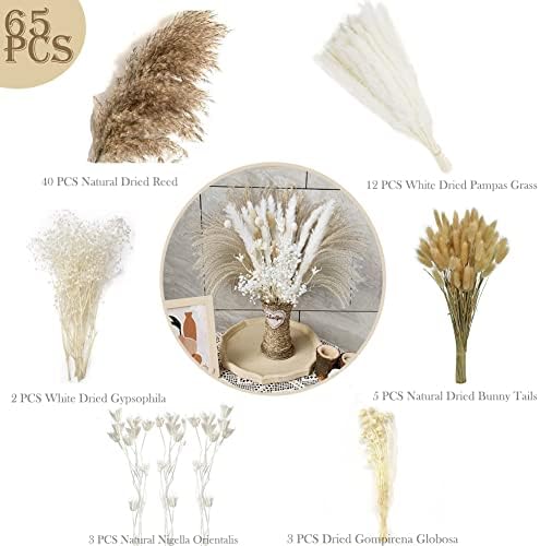 65PCS White Dried Flowers ,Pampas Grass, dried flowers bouquet,Pampas Grass Fluffy Dry Flowers for Decoration, Wedding Decoration Flower Arrangement