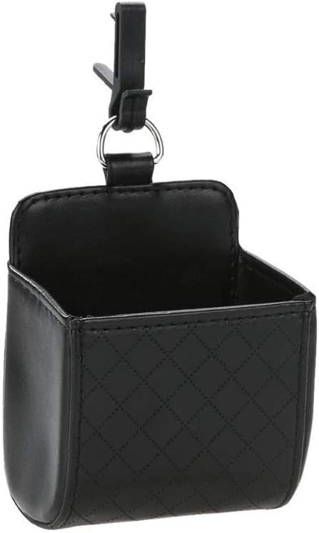 Image of Car Auto Air Vent Leather Tidy Storage Hanging Bag Case Organizer for Keys, Coin, Cell Phone & Glasses. Universal Vehicle Small Bucket with Hook. Keep Your Car Clean & Organized | Black