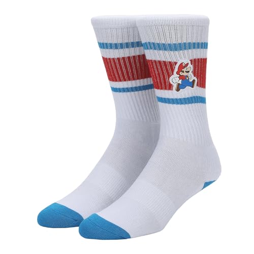 Bioworld Super Mario Bros Jumping Mario Mens White & Blue Athletic Crew Socks