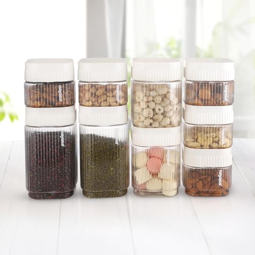 Image of Nayasa Refresh Container Set of 9 | 500ml x 5, 750ml x 2, 1150ml x 2 | Transparent Airtight Plastic Jars | Stackable Kitchen Storage Containers | BPA Free & Reusable | White