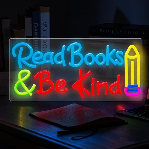 Image of Read Books Be Kind Neon Sign for Wall Decor Dimmable Read Books Neon Light for Classroom LED USB Classroom Sign for Bookstore Library Museum Study Room Christmas Birthday Gift Size 14.2In*7.1In