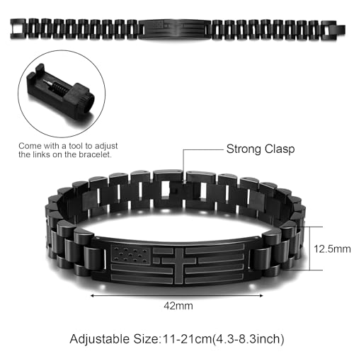 FEEL STYLE American Flag Cross Bible Verse Bracelet for Men - Adjustable Stainless Steel Watch Link Band with Scripture Engraving - Patriotic Christian Bracelet Graduation Gift Jewelry3