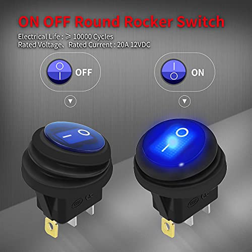 Daiertek 12V 20A Waterproof Rocker Switch Blue Led Lighted Round On Off 3 Pin 12 Volt Weatherproof Illuminated Toggle For Marine Car Rv Truck -5Pack #TOP1