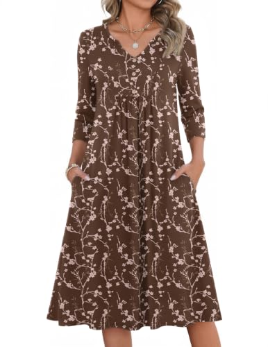 Image of Zeagoo Womens Dresses 3 /4 Sleeve Casual Fall A Line Midi Dress with Pockets