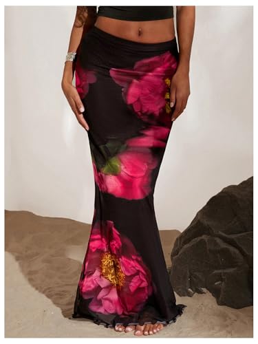 GORGLITTER Women's Mesh Sheer Long Skirts Low Waist Floral Lettuce Trim Fishtail Flowy Bodycon Maxi Skirts3