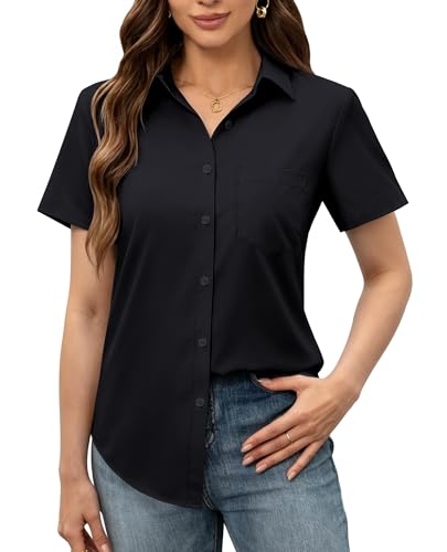siliteelon Women Button Down Shirt Stain Resistant Cotton Button Short Sleeve Shirts with Pocket Wrinkle Free fit Business Work Black